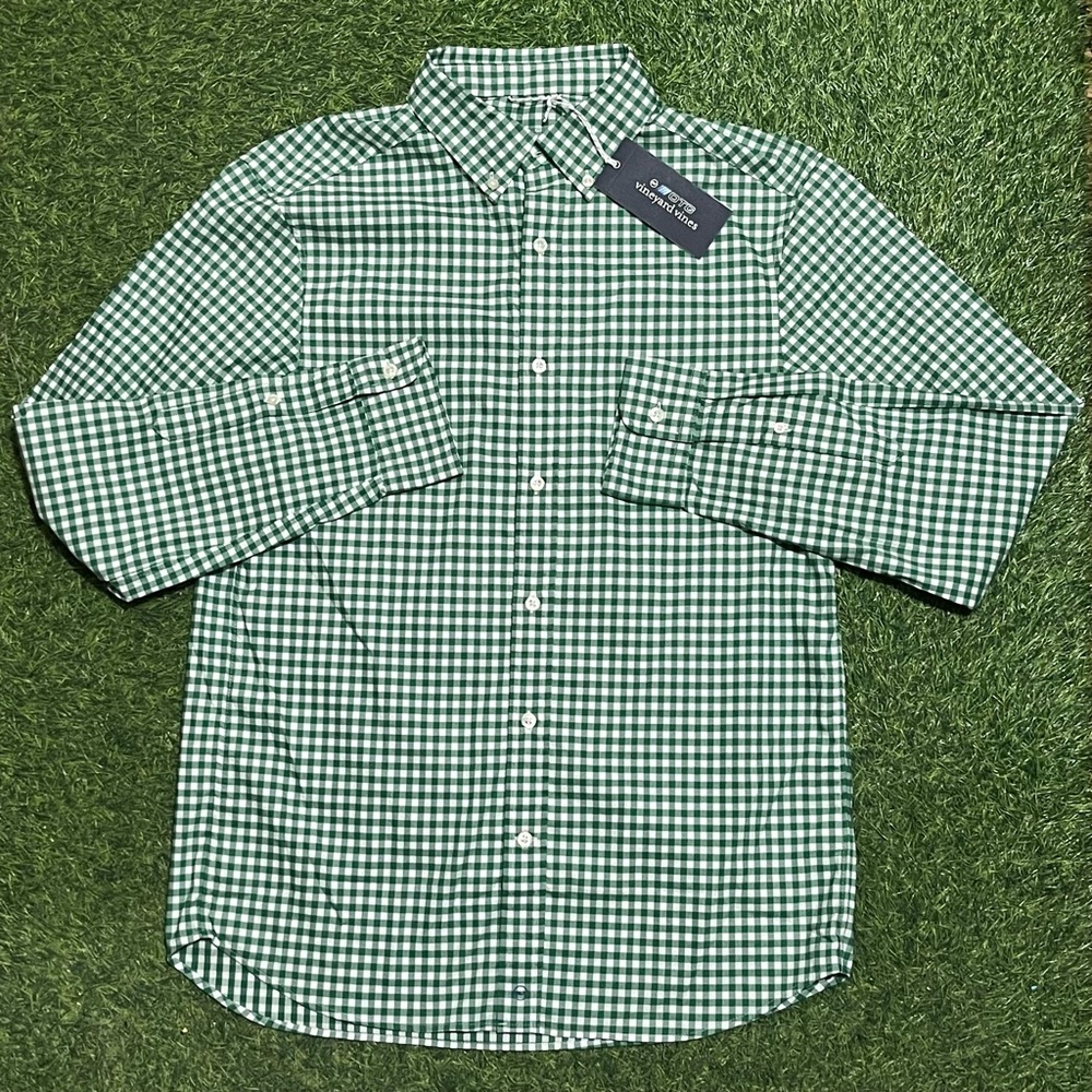 Vineyard Vines Men’s S OTG Performance Button Down Shirt Gingham Green On The Go